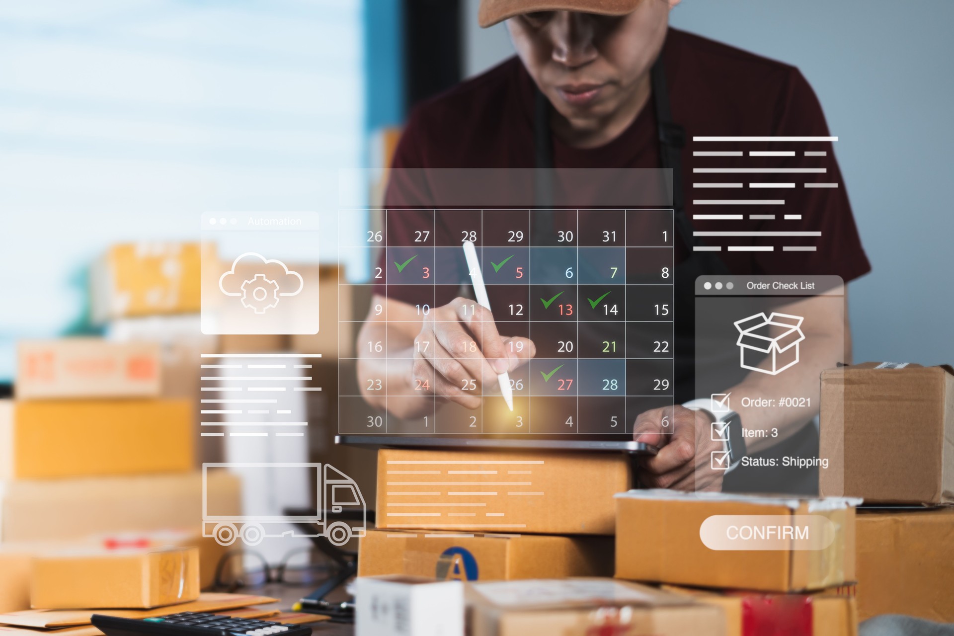 Online business owner planning delivery schedule with digital calendar and shipping checklist icons for logistics, order tracking, and e-commerce automation